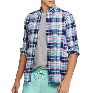 POLO RALPH LAUREN NAVY GREEN SLIM FIT PLAID OXFORD SHIRT